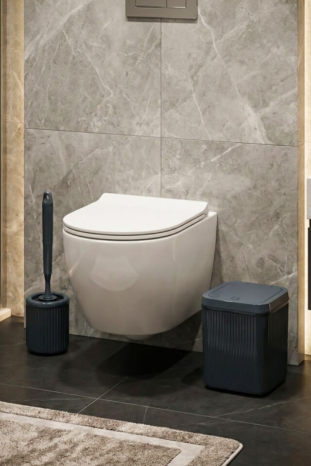 Porsima 3088 Glev Gri 5 Parça Banyo Seti - Çöp Kovası, Sabunluk, Diş Fırçalığı ve Silikon Wc Fırçası
