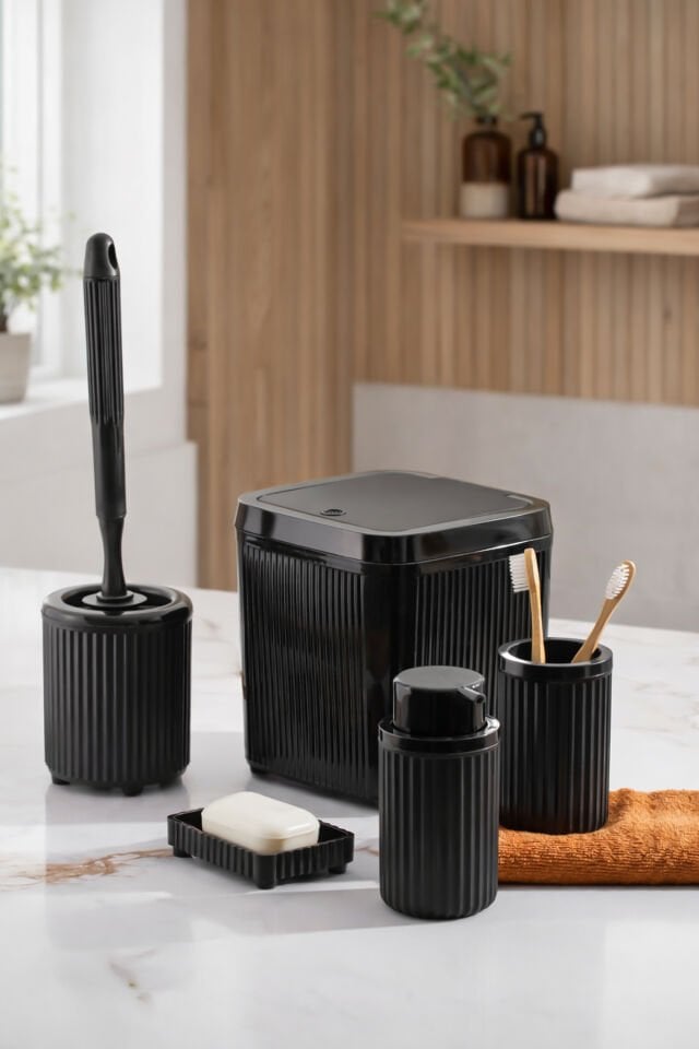 Porsima 3088-1 Glev Siyah 5 Parça Banyo Seti - Çöp Kovası, Sabunluk, Diş Fırçalığı ve Silikon Wc Fırçası