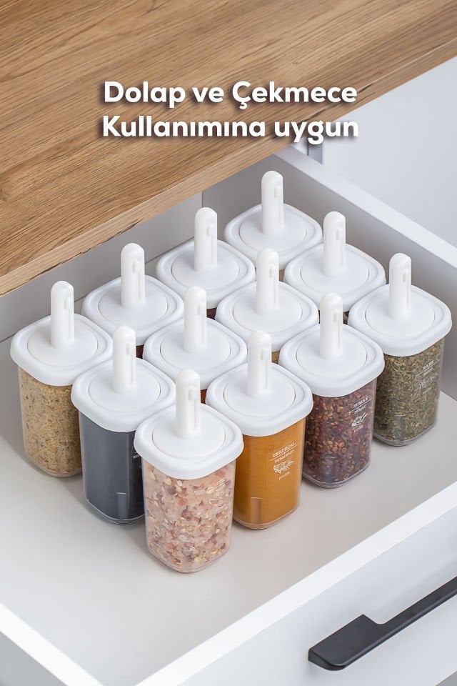 Porsima 1103 14'lü Kaydırmalı Kaşıklı Sızdırmaz Kapaklı Etiketli Yağdanlıklı Baharatlık Seti - Saklama Kabı Beyaz