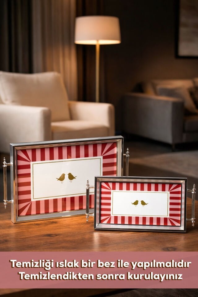 Porsima 4387 2'li Dekoratif Dikdörtgen Servis Tepsi Seti - Çay ve Kahve Kahvaltılık Sunum Tepsisi