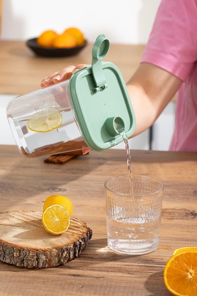 Porsima 06-1108 Sızdırmaz Kapaklı Detoks Sürahi-Matara & Limonluk -Şerbetlik -Şeffaf 1 L-Yeşil