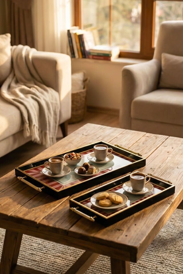 Porsima 4388 2'li Dekoratif Dikdörtgen Servis Tepsi Seti - Çay ve Kahve Kahvaltılık Sunum Tepsisi