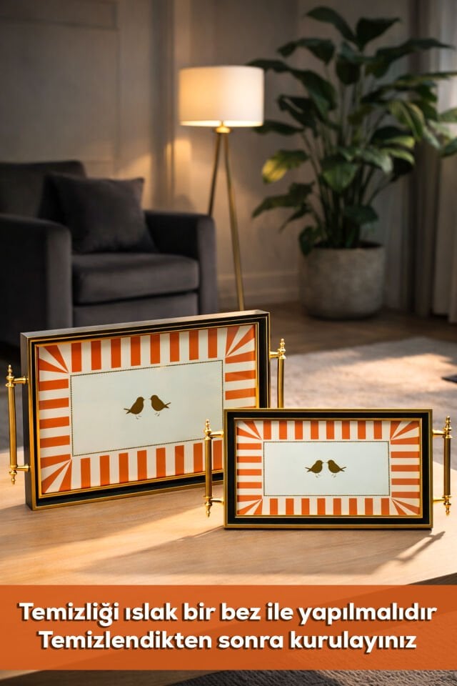 Porsima 4389 2'li Dekoratif Dikdörtgen Servis Tepsi Seti - Çay ve Kahve Kahvaltılık Sunum Tepsisi