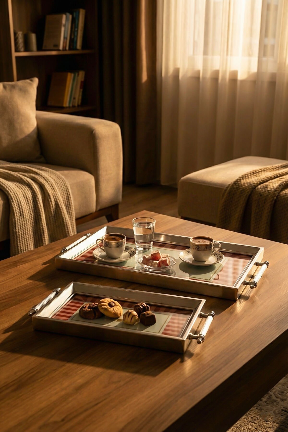 Porsima 4387 2'li Dekoratif Dikdörtgen Servis Tepsi Seti - Çay ve Kahve Kahvaltılık Sunum Tepsisi