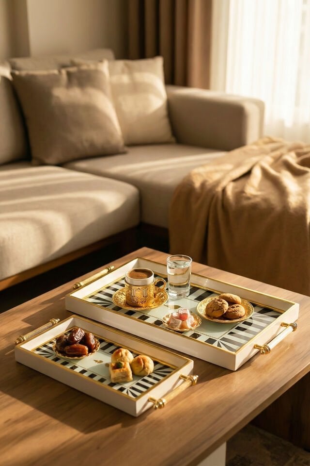 Porsima 4390 2'li Dekoratif Dikdörtgen Servis Tepsi Seti - Çay ve Kahve Kahvaltılık Sunum Tepsisi