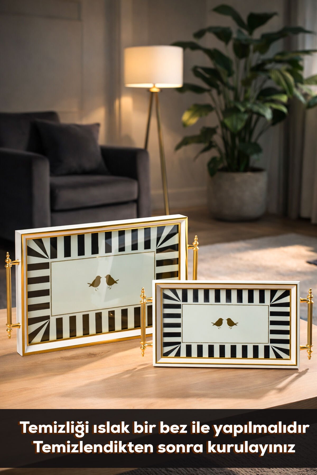 Porsima 4390 2'li Dekoratif Dikdörtgen Servis Tepsi Seti - Çay ve Kahve Kahvaltılık Sunum Tepsisi