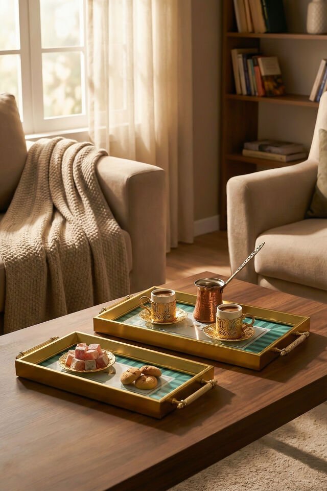 Porsima 4391 2'li Dekoratif Dikdörtgen Servis Tepsi Seti - Çay ve Kahve Kahvaltılık Sunum Tepsisi