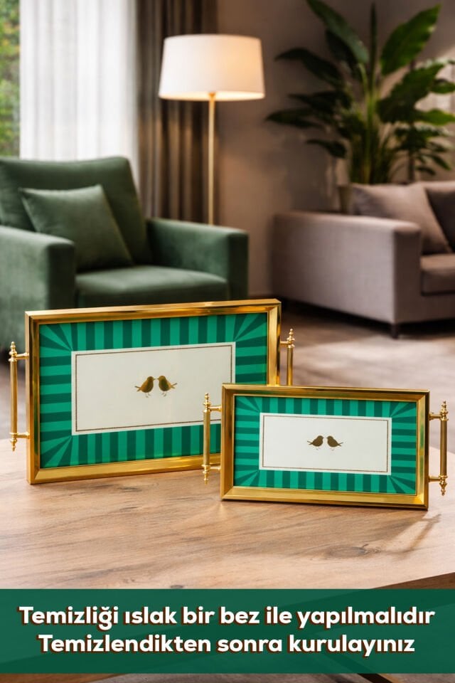 Porsima 4391 2'li Dekoratif Dikdörtgen Servis Tepsi Seti - Çay ve Kahve Kahvaltılık Sunum Tepsisi