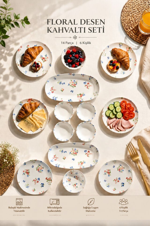 Porsima 4270 Pure 14 Parça Porselen Kahvaltı Seti 6 Kişilik Kahvaltı Takımı