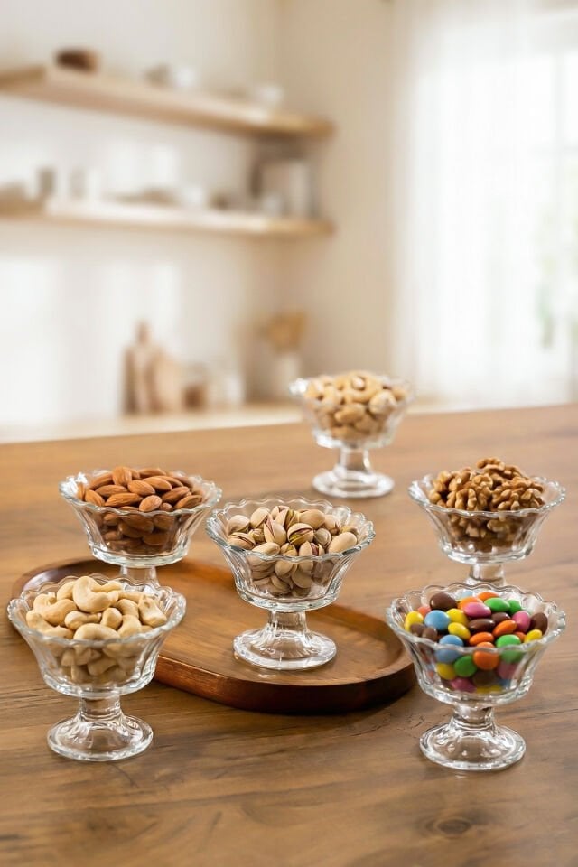 Porsima RYG3005 Manolya 6lı Ayaklı Cam Kase Puding Tatlı Ve Dondurma Kasesi Lokumluk Şekerlik Kase Seti Çerez Kasesi 6,5x8,5Cm