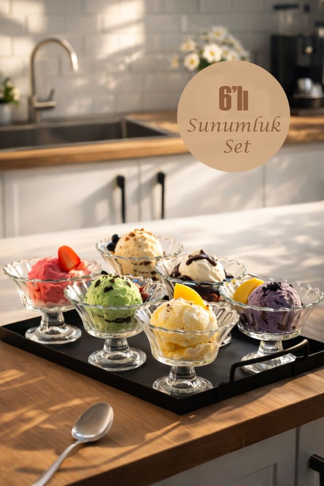 Porsima RYG3005 Manolya 6lı Ayaklı Cam Kase Puding Tatlı Ve Dondurma Kasesi Lokumluk Şekerlik Kase Seti Çerez Kasesi 6,5x8,5Cm