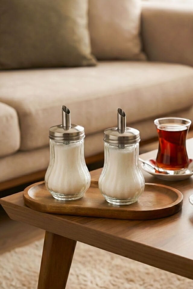 Porsima DHZ90131 Cam Akıtmalı Salla Dök 2li Şekerlik - 2li Toz Şekerlik Seti - 200ml