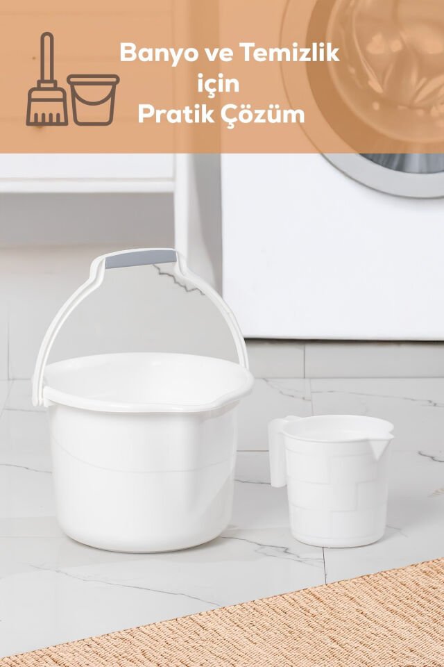 Porsima 2li Banyo Balkon Temizlik Seti 8L Kulplu Kova 1,65L Maşrapa Banyo Seti Beyaz