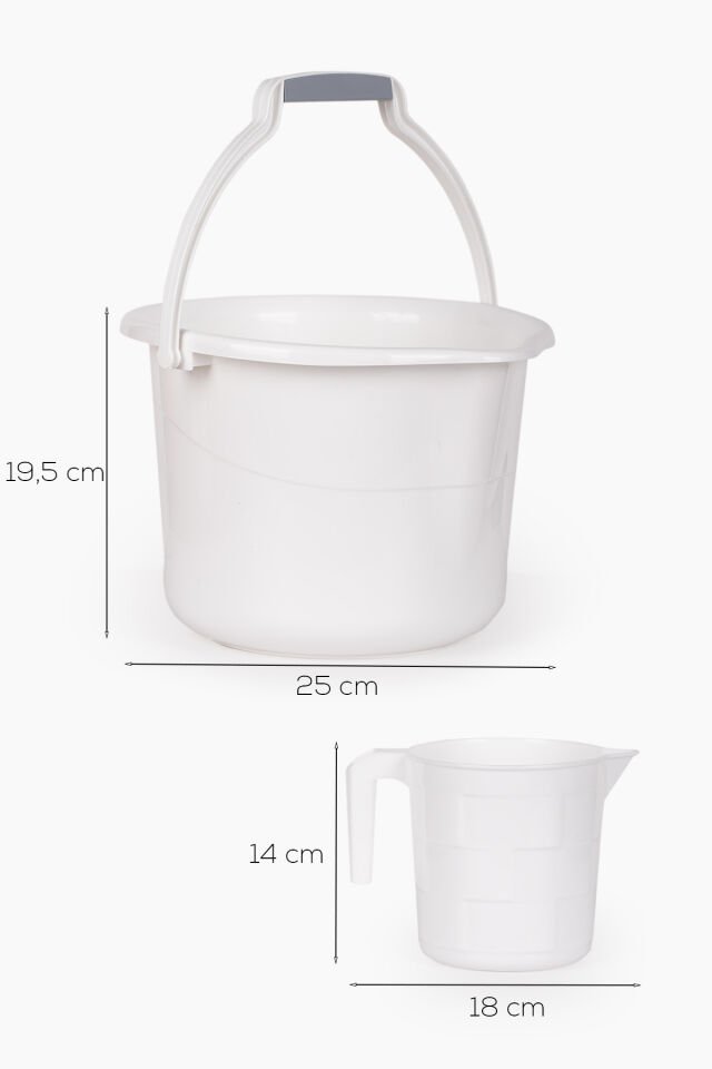 Porsima 2li Banyo Balkon Temizlik Seti 8L Kulplu Kova 1,65L Maşrapa Banyo Seti Beyaz