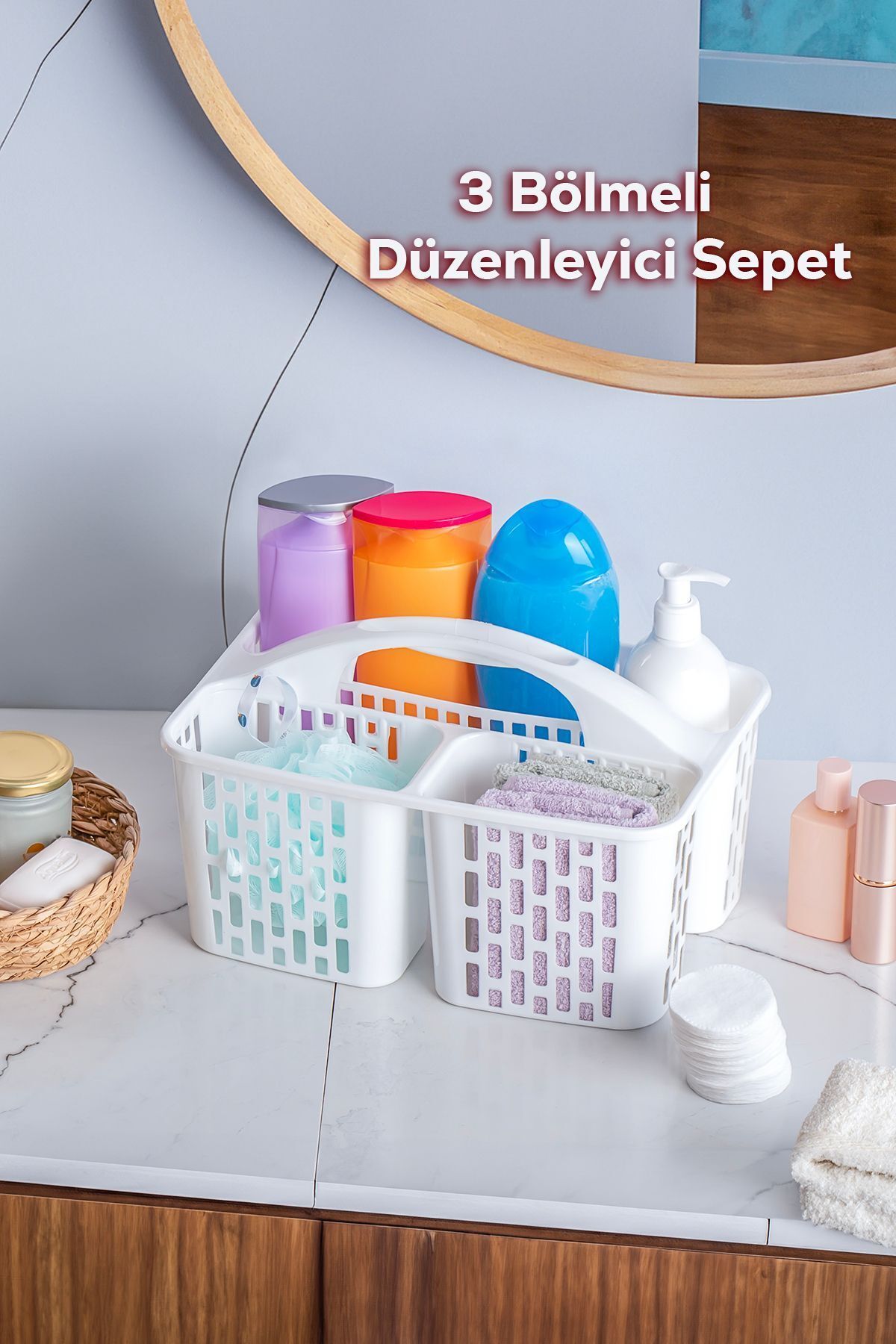 Porsima 8114 ORG-51 3 Bölmeli Düzenleyici Sepet - Çok Amaçlı Organizer - Beyaz