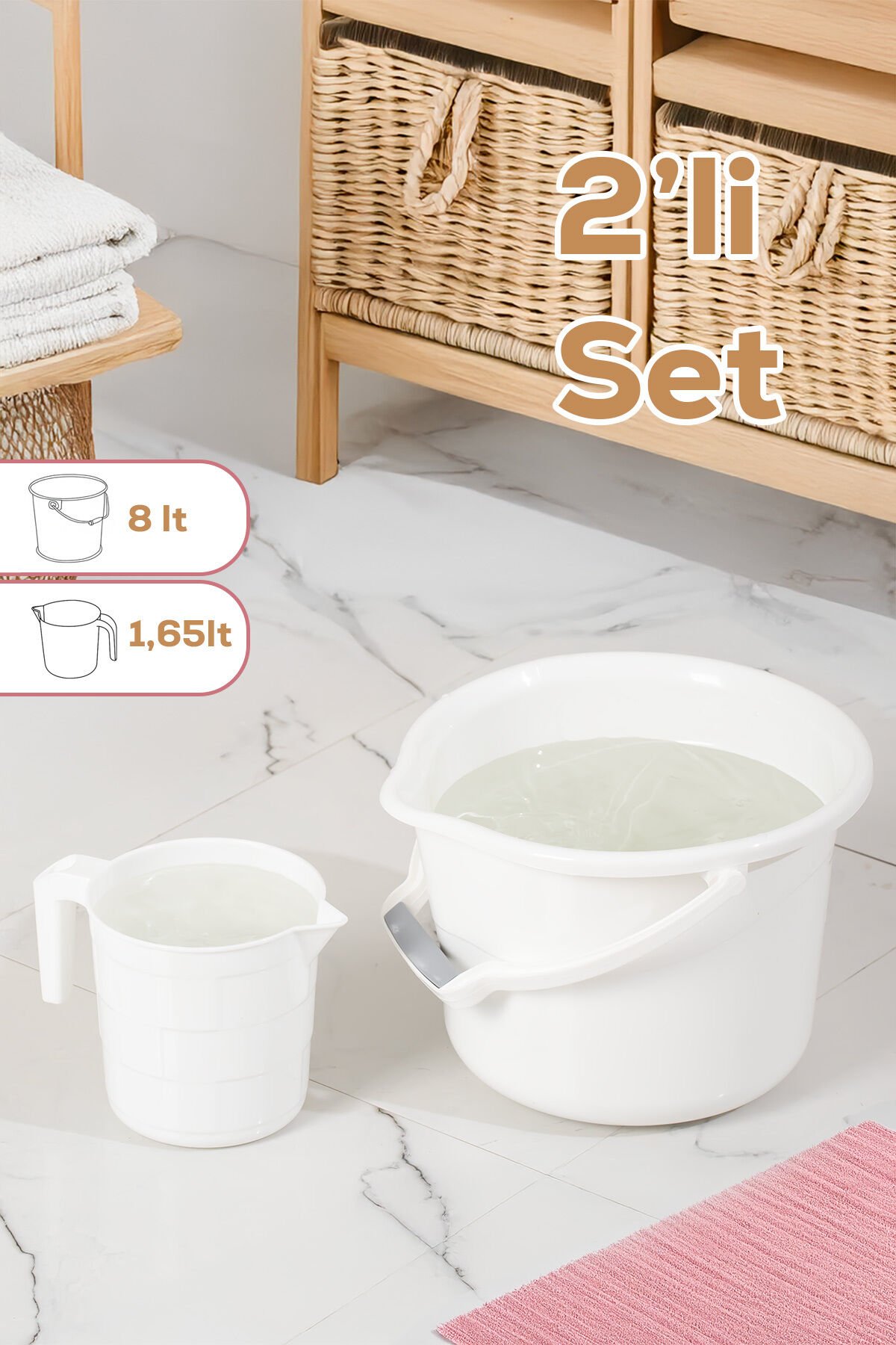 Porsima 2li Banyo Balkon Temizlik Seti 8L Kulplu Kova 1,65L Maşrapa Banyo Seti Beyaz