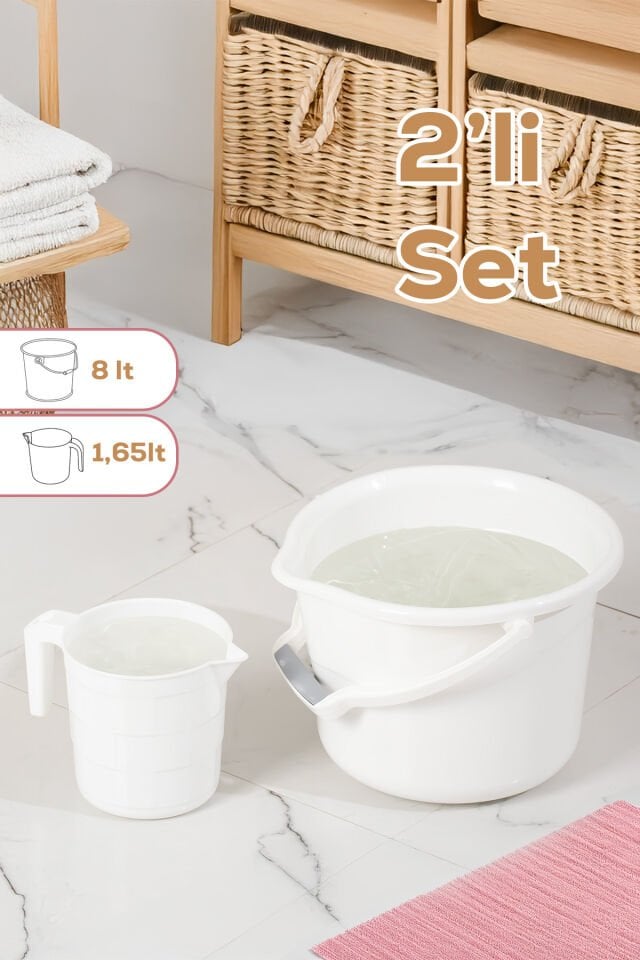 Porsima 2li Banyo Balkon Temizlik Seti 8L Kulplu Kova 1,65L Maşrapa Banyo Seti Beyaz