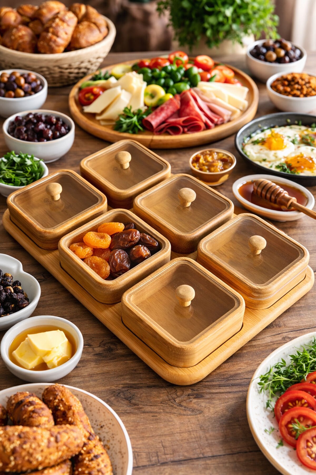 Porsima Pbt-692 Bambu Ahşap 6lı Kapaklı Kahvaltılık ve Çerezlik Seti - Tepsili Sunumluk