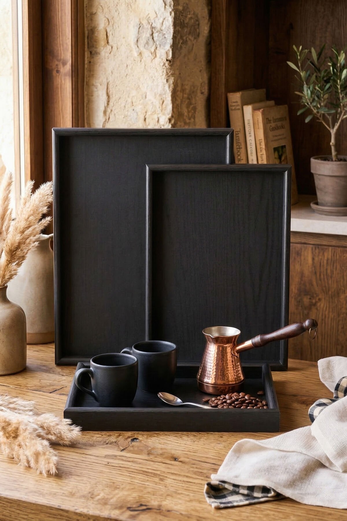 Porsima 1301050046 Ahşap Tepsi 3lü Set Çay Kahve Bambu Sunumu Tepsi Seti Siyah Siyah