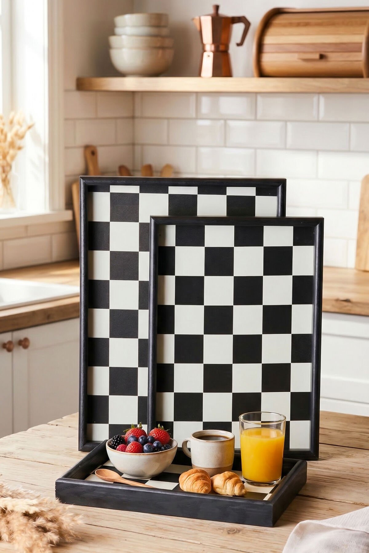 Porsima 1301050047 Ahşap Tepsi 3lü Set Çay Kahve Bambu Sunumu Dama Desenli Tepsi Seti Siyah- Beyaz