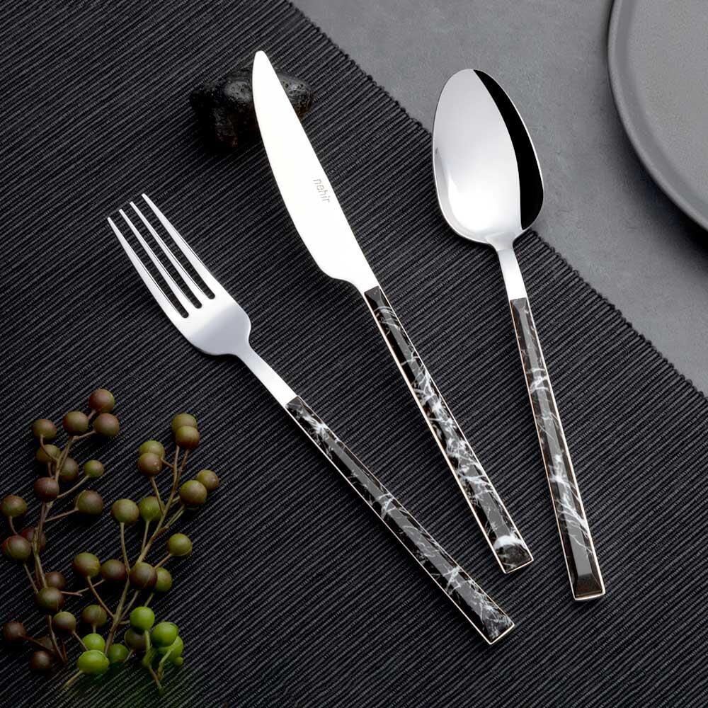 Nehir Silver Siyah Mermer 36 Parça Çatal Bıçak Kaşık Takımı