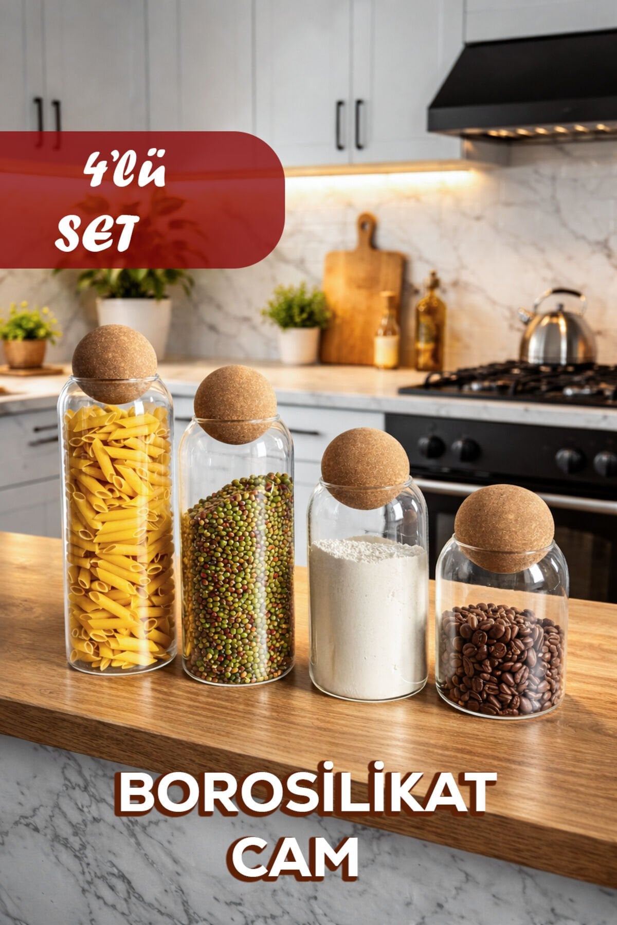 Porsima 4lü Ahşap Mantar Top Kapaklı Borosilikat Cam Kavanoz Seti Şekerlik Çerezlik Baharatlık Saklama Kabı