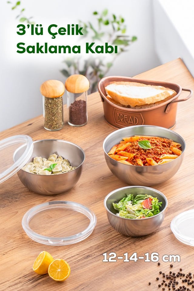 Porsima Parma 3'lü Şeffaf Sızdırmaz Kapaklı Paslanmaz Çelik Karıştırma Kabı Saklama Kabı Seti