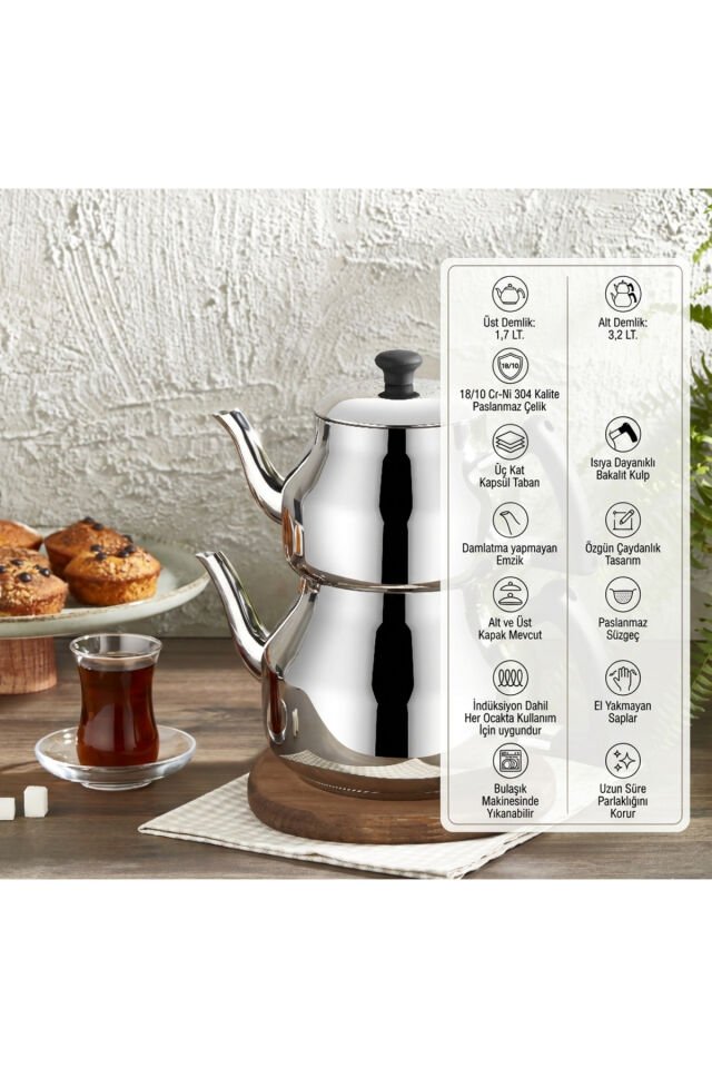 Özkent K-316 Marmaris Mega Çaydanlık Takımı - Bakalit Kulplu Paslanmaz Çelik Çaydanlık Seti Siyah
