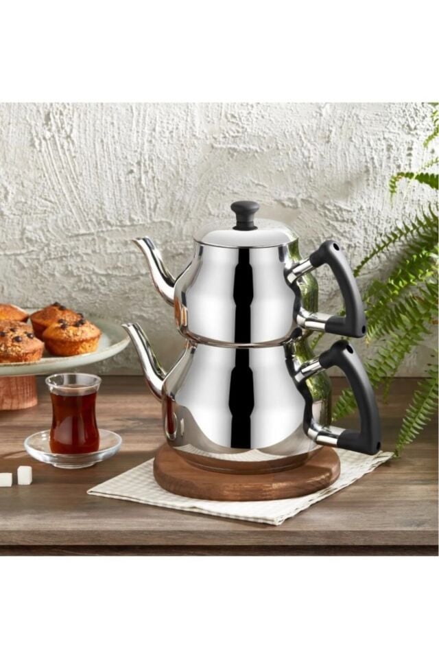 Özkent K-316 Marmaris Mega Çaydanlık Takımı - Bakalit Kulplu Paslanmaz Çelik Çaydanlık Seti Siyah