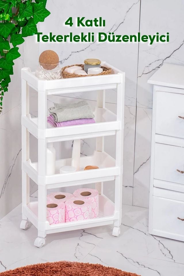 Porsima RAFTY-74-1 Tekerlekli 4 Katlı Düzenleyici- Banyo Mutfak Organizer Raf-Beyaz
