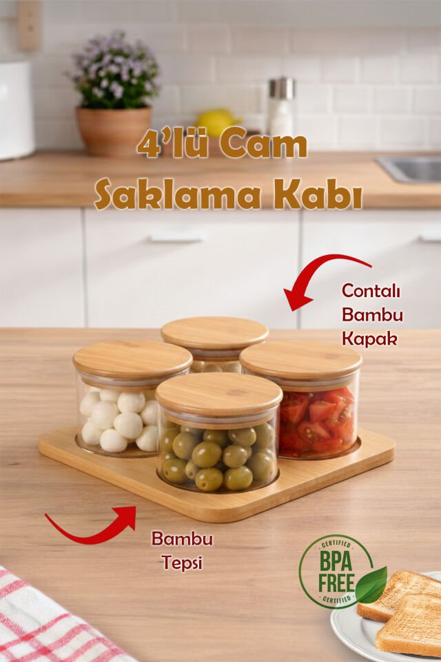 Porsima Hf009006 Yuvarlak 4lü Hava Geçirmez Bambu Standlı Cam Kahvaltılık Seti Bambu Kapaklı Saklama Kabı 250ml Şeffaf