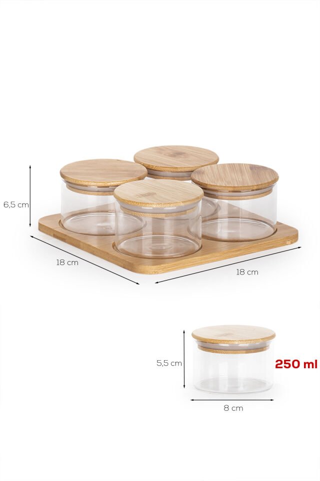 Porsima Hf009006 Yuvarlak 4lü Hava Geçirmez Bambu Standlı Cam Kahvaltılık Seti Bambu Kapaklı Saklama Kabı 250ml Şeffaf