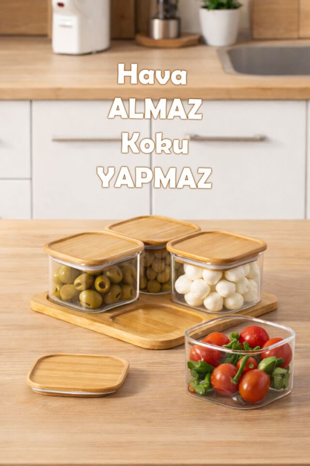 Porsima Hf009009 Kare 4lü Hava Geçirmez Bambu Standlı Cam Kahvaltılık Seti Bambu Kapaklı Saklama Kabı 250ml Şeffaf