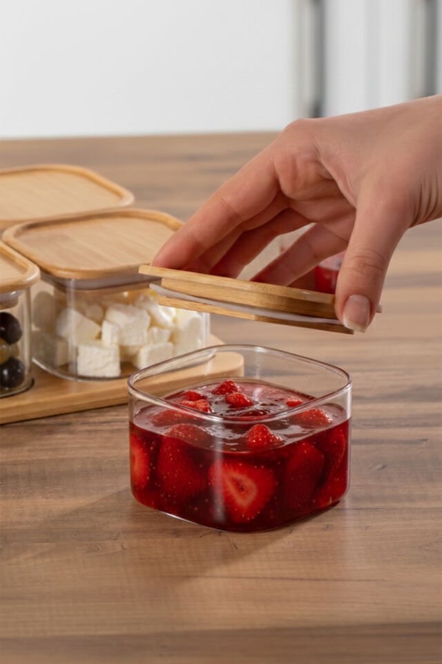 Porsima Hf009009 Kare 4lü Hava Geçirmez Bambu Standlı Cam Kahvaltılık Seti Bambu Kapaklı Saklama Kabı 250ml Şeffaf