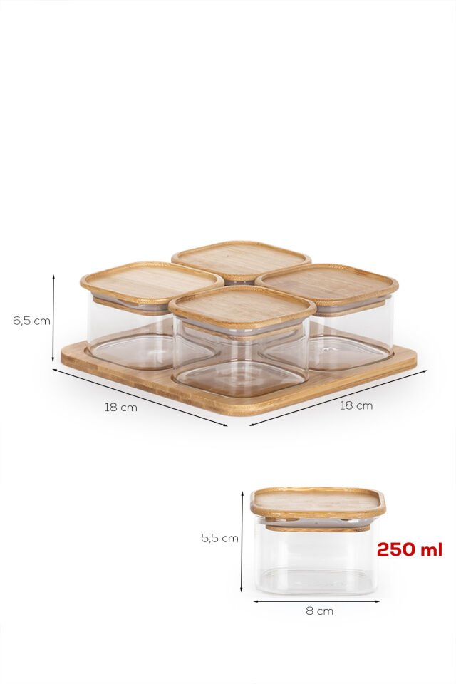 Porsima Hf009009 Kare 4lü Hava Geçirmez Bambu Standlı Cam Kahvaltılık Seti Bambu Kapaklı Saklama Kabı 250ml Şeffaf