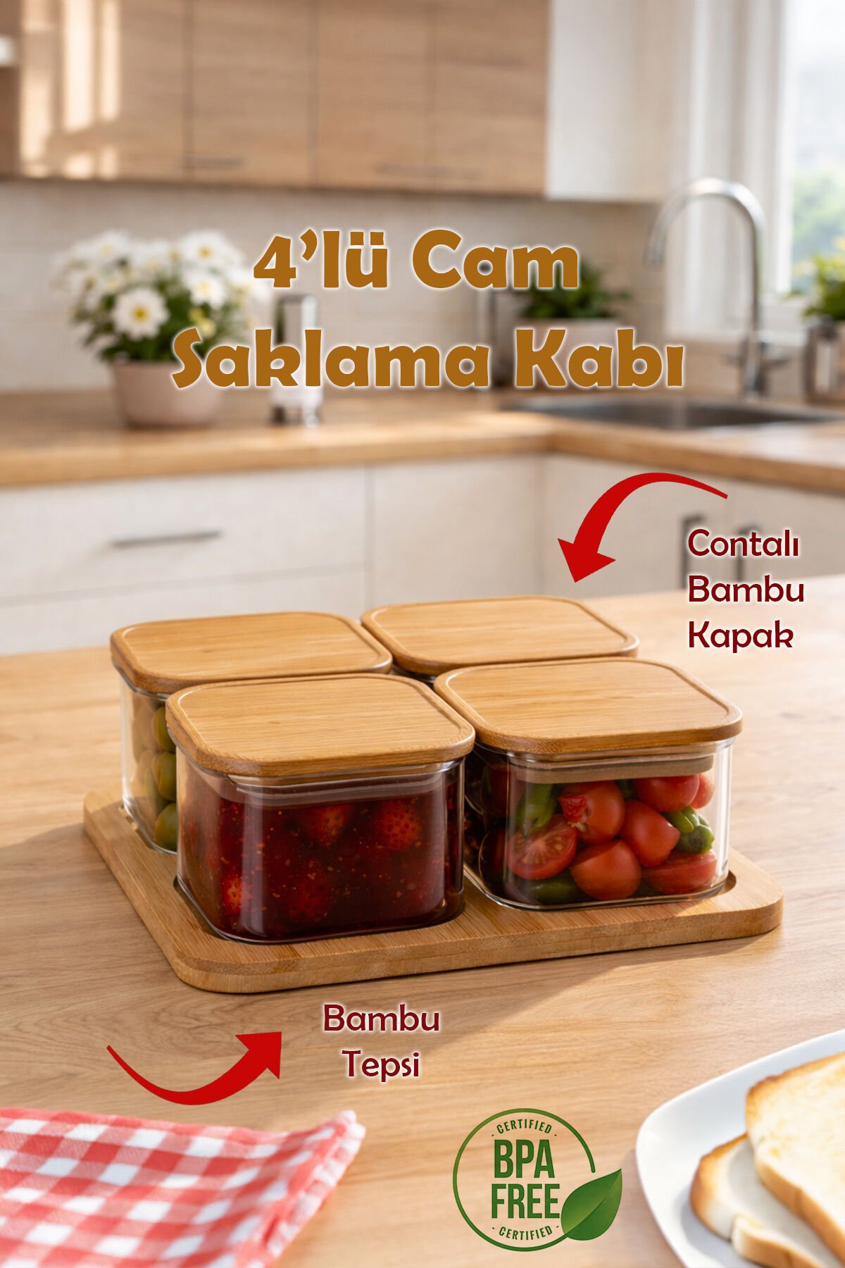 Porsima Hf009009 Kare 4lü Hava Geçirmez Bambu Standlı Cam Kahvaltılık Seti Bambu Kapaklı Saklama Kabı 250ml Şeffaf