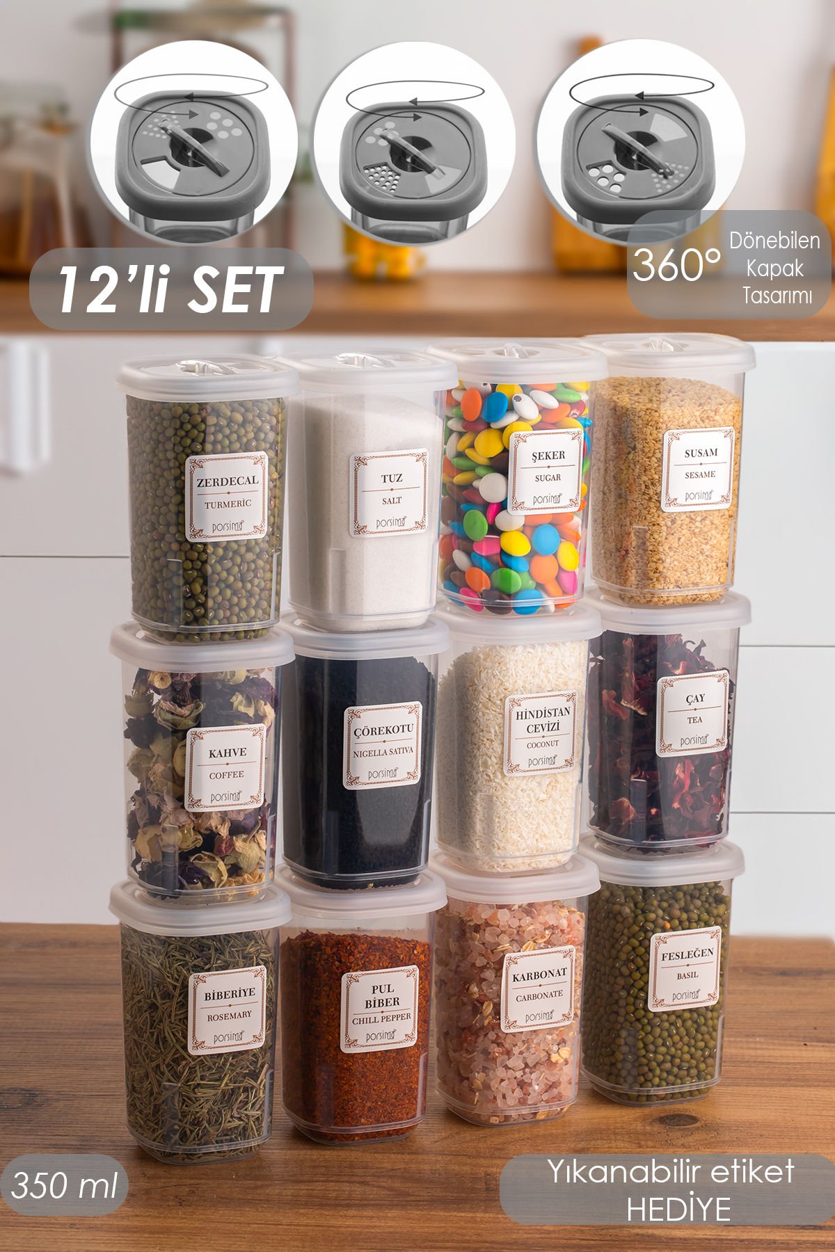 Porsima 1060 12'li Etiketli Kilitli Döner Kapaklı Baharatlık Seti-Baharatlık Saklama Kabı Baharatlık - 350 cc Şeffaf