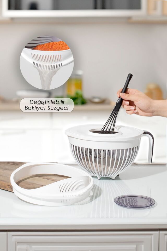 Porsima 3132 Linea 2 li Çok Amaçlı Kapaklı Karıştırma Mikser Kabı Pirinç Süzgeci - Beyaz