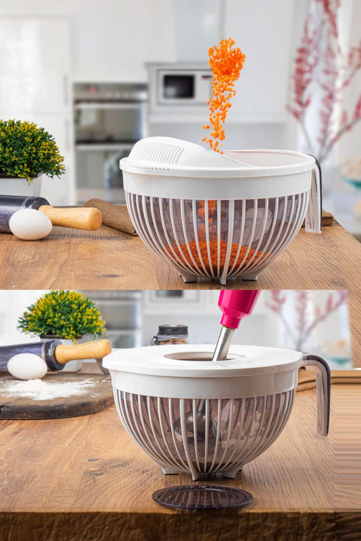 Porsima 3132 Linea 2 li Çok Amaçlı Kapaklı Karıştırma Mikser Kabı Pirinç Süzgeci - Beyaz