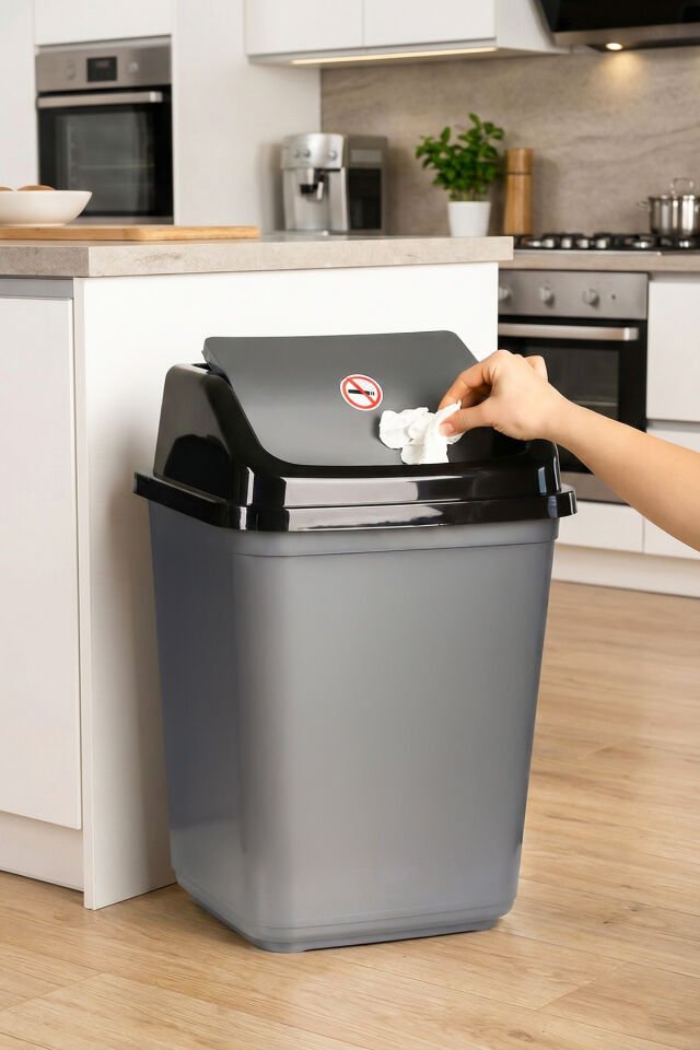 Porsima 0098 Kapaklı Gri-Siyah Çöp Kutusu - Favori Banyo ve Mutfak Çöp Kovası 30lt