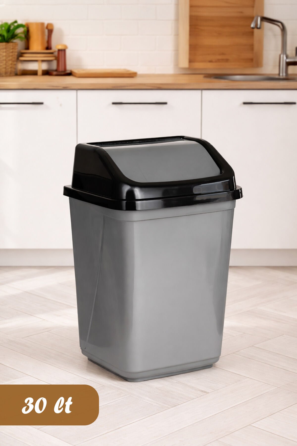 Porsima 0098 Kapaklı Gri-Siyah Çöp Kutusu - Favori Banyo ve Mutfak Çöp Kovası 30lt