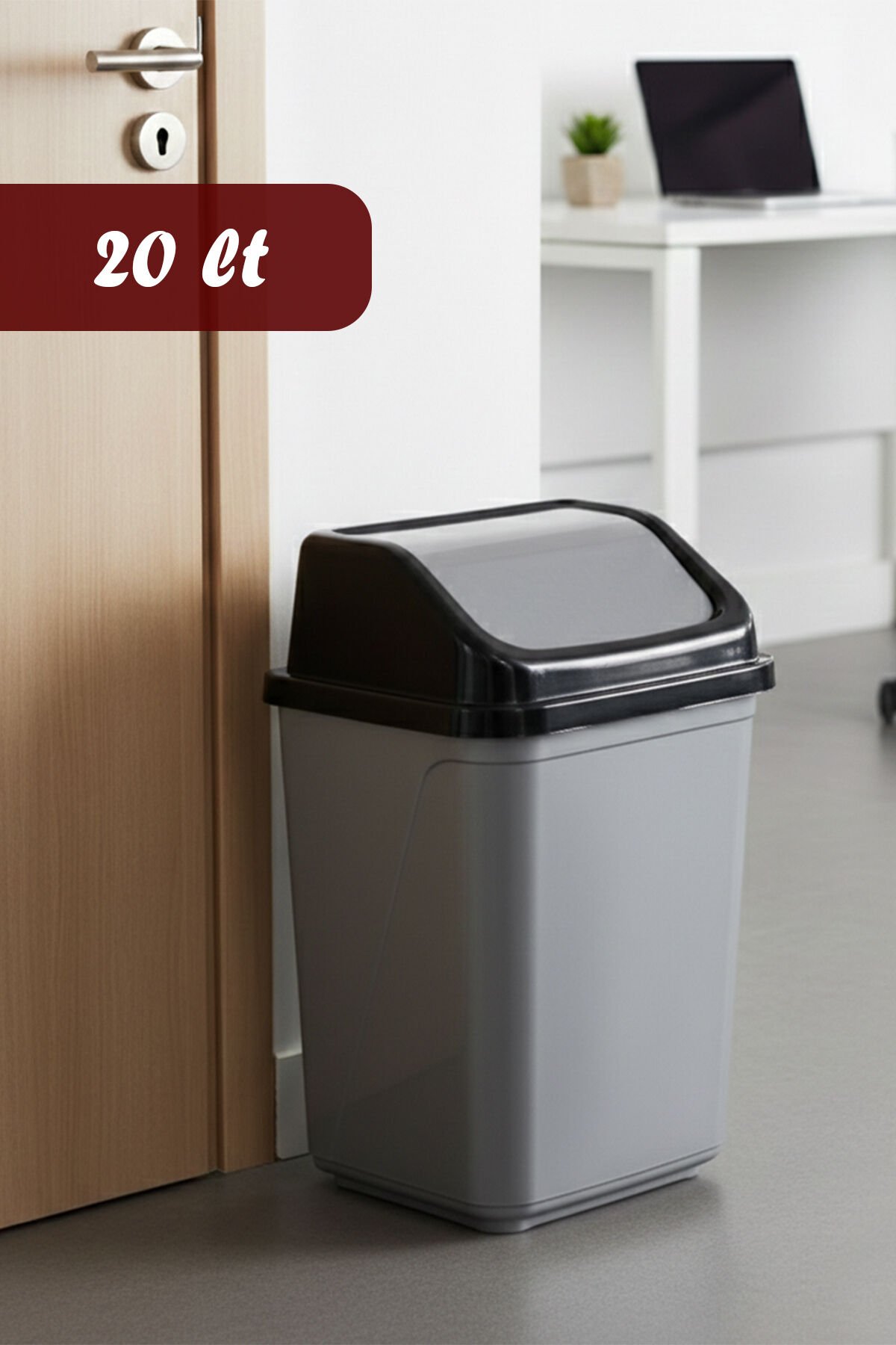 Porsima 0099 Kapaklı Gri-Siyah Çöp Kutusu - Favori Banyo ve Mutfak Çöp Kovası 20lt