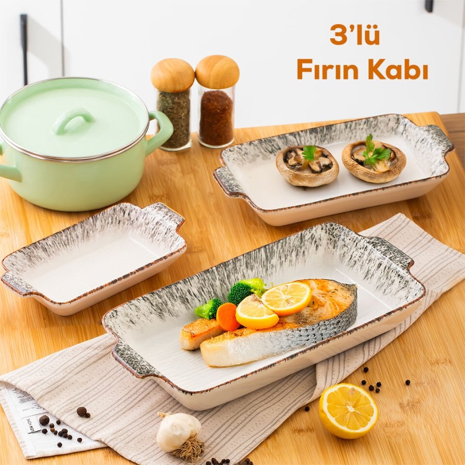 Porsima 083 Dikdörtgen 3'lü Porselen Fırın Kabı Servis Tabağı Siy Siyah
