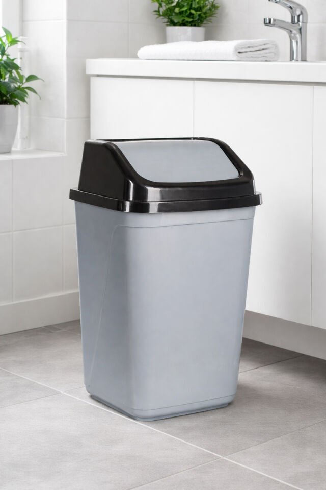 Porsima 0100 Kapaklı Gri-Siyah Çöp Kutusu - Favori Banyo ve Mutfak Çöp Kovası 10 lt