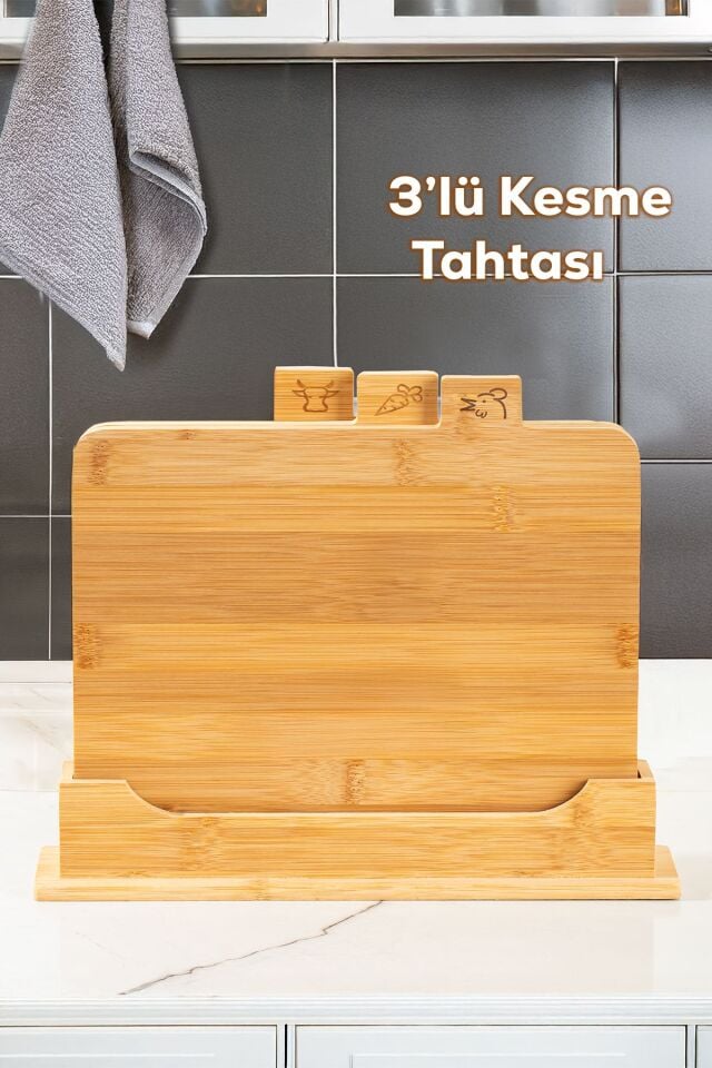 16668 Piero Bambu 3lü Standlı Kesme Tahtası Seti Kesim Panosu Ahşap Kesme Tahtası 32cm
