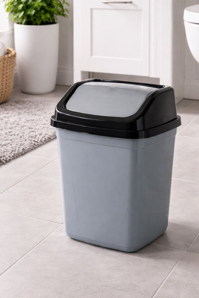 Porsima 0101 Kapaklı Gri-Siyah Çöp Kutusu - Favori Banyo ve Mutfak Çöp Kovası 5lt