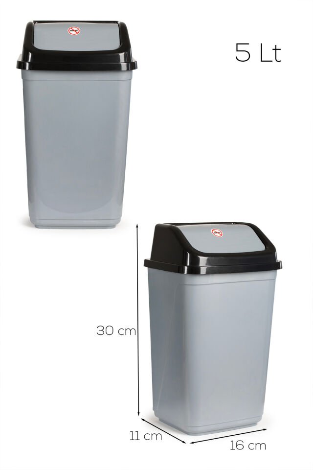 Porsima 0101 Kapaklı Gri-Siyah Çöp Kutusu - Favori Banyo ve Mutfak Çöp Kovası 5lt