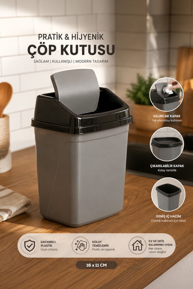 Porsima 0101 Kapaklı Gri-Siyah Çöp Kutusu - Favori Banyo ve Mutfak Çöp Kovası 5lt