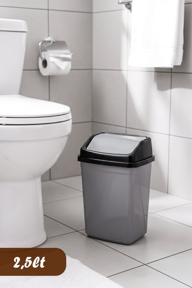 Porsima 0102 Kapaklı Gri-Siyah Çöp Kutusu - Favori Banyo ve Mutfak Çöp Kovası 2,5lt