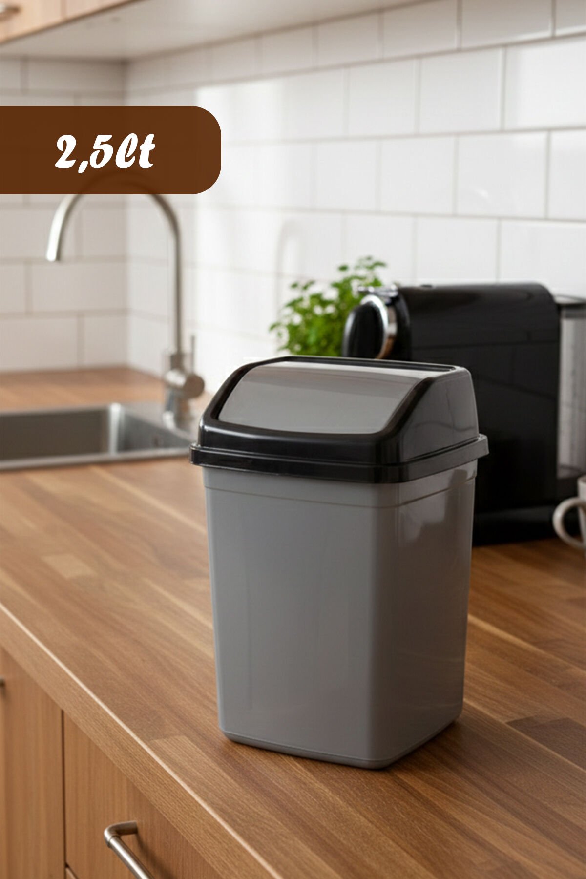 Porsima 0102 Kapaklı Gri-Siyah Çöp Kutusu - Favori Banyo ve Mutfak Çöp Kovası 2,5lt
